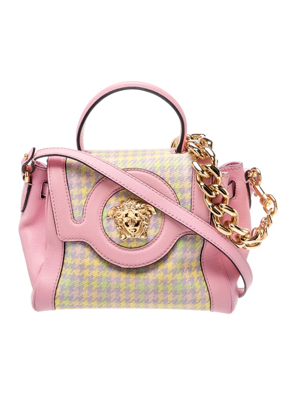 Versace Pink Leather Satchel with Pastel Houndstooth and Gold Chain